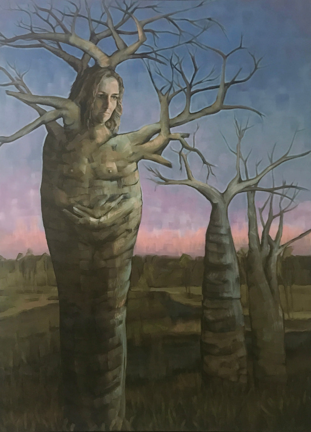 Oil painting by Australian artist, Leonie Walton, using surrealism to express the mixed emotions of being a mother, using a boab tree as a metaphor