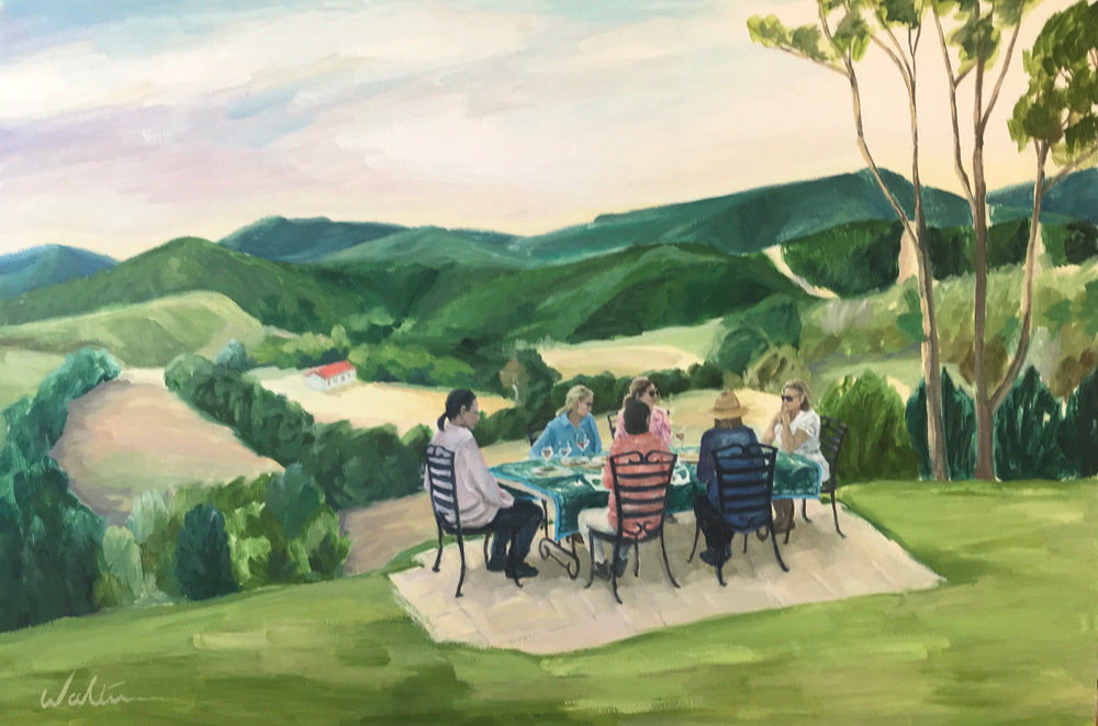 A painting of a birthday party in the Noosa hinterland painted from life by Australian artist, Leonie Walton. A commissioned painting