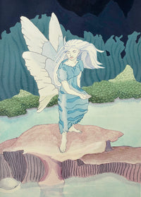 A limited edition print of original illustration of a blue fairy. Illustrated with watercolour crayons and pastels by Australian illustrator, Leonie Walton