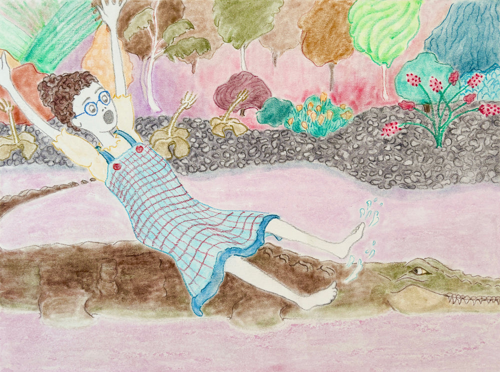 A limited edition print of original illustration of a girl alarmed when she discovers the log she sits on is a crocodile. Illustrated by Australian Illustrator, Leonie Walton