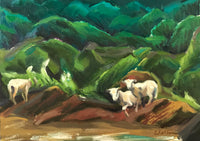 Oil painting of goats on the Camino de Santiago pilgrimage. Painted by Australian artist, Leonie Walton