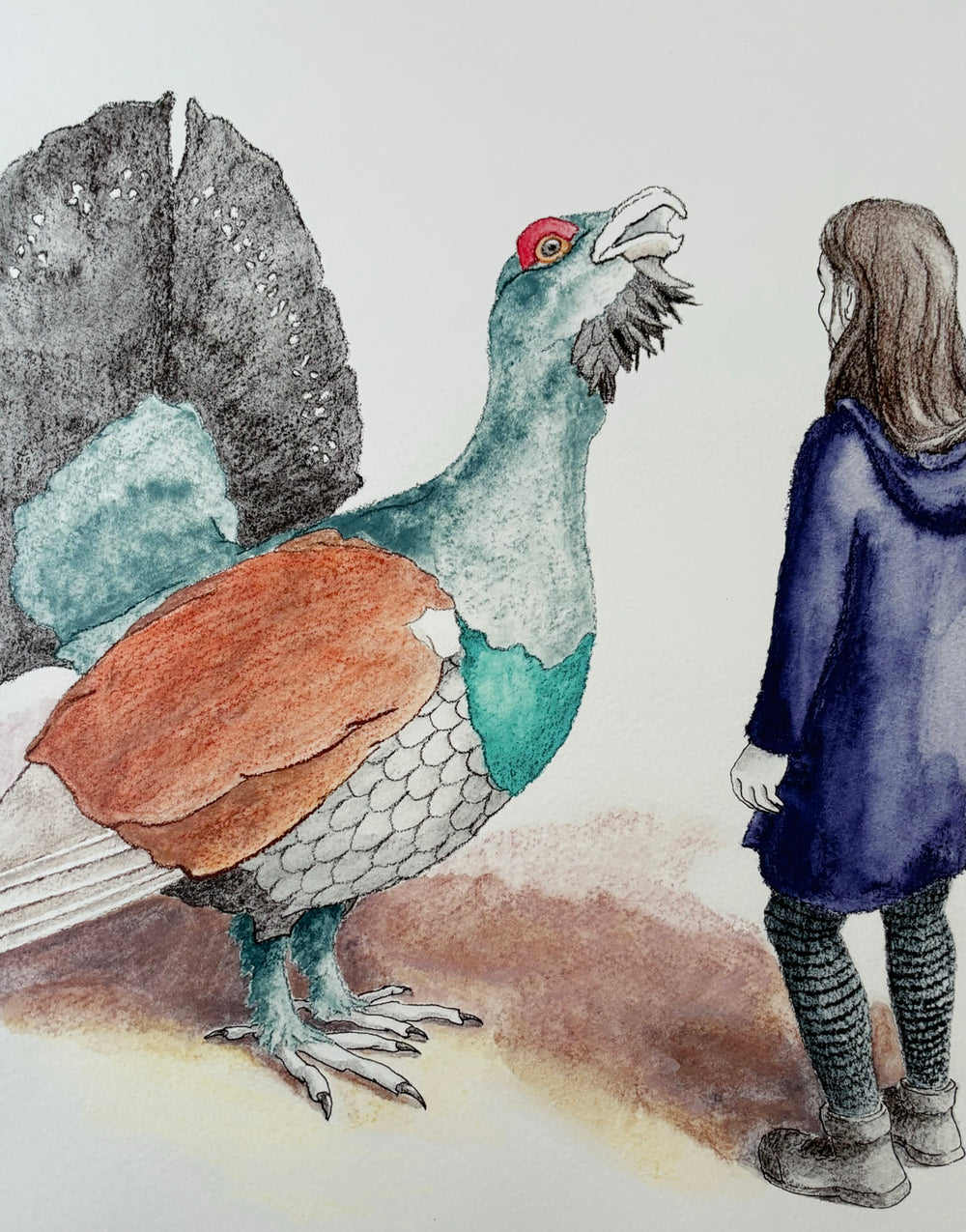 Limited Edition print of children's book illustration of a giant bird with a girl. Illustrated by Australian illustrator, Leonie Walton, in watercolour crayons and pastels.