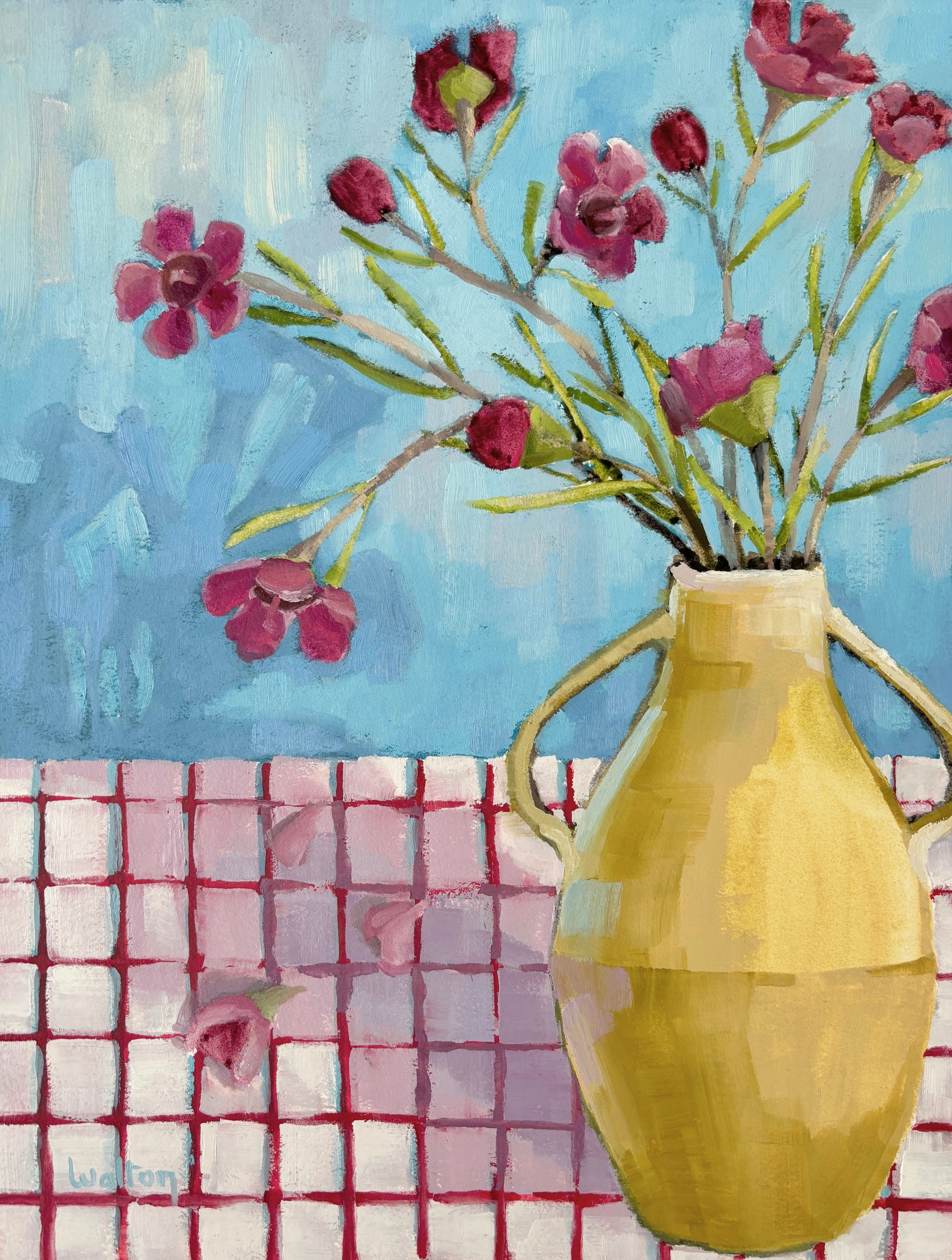 Vibrant still life oil painting of Australian wildflowers, the Geraldton Wax, in an ochre vase on white checkered cloth. Painted by Australian Artist, Leonie Walton