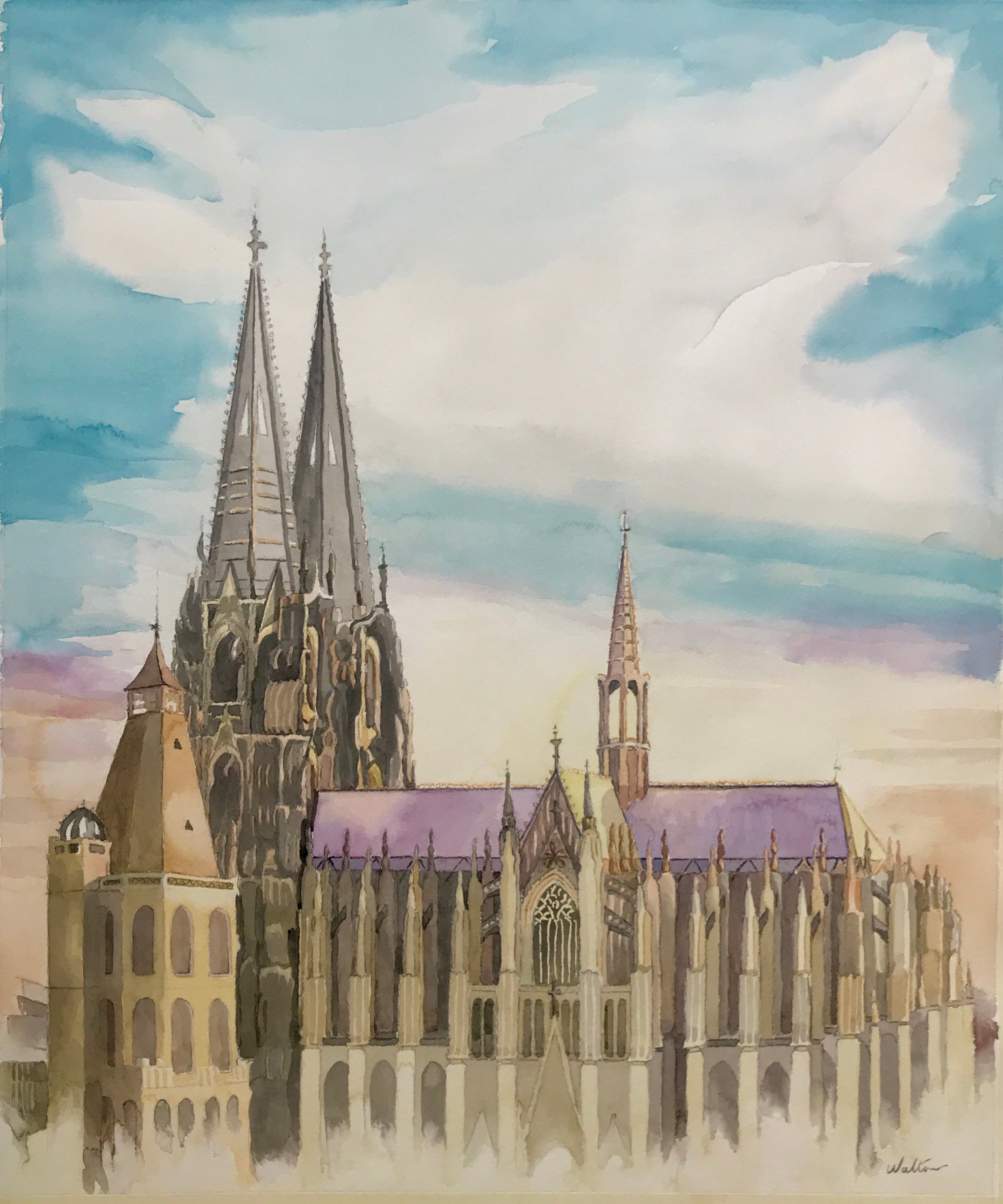 A commissioned watercolour painting of the Cologne Cathedral, Germany, painted by Australian artist, Leonie Walton