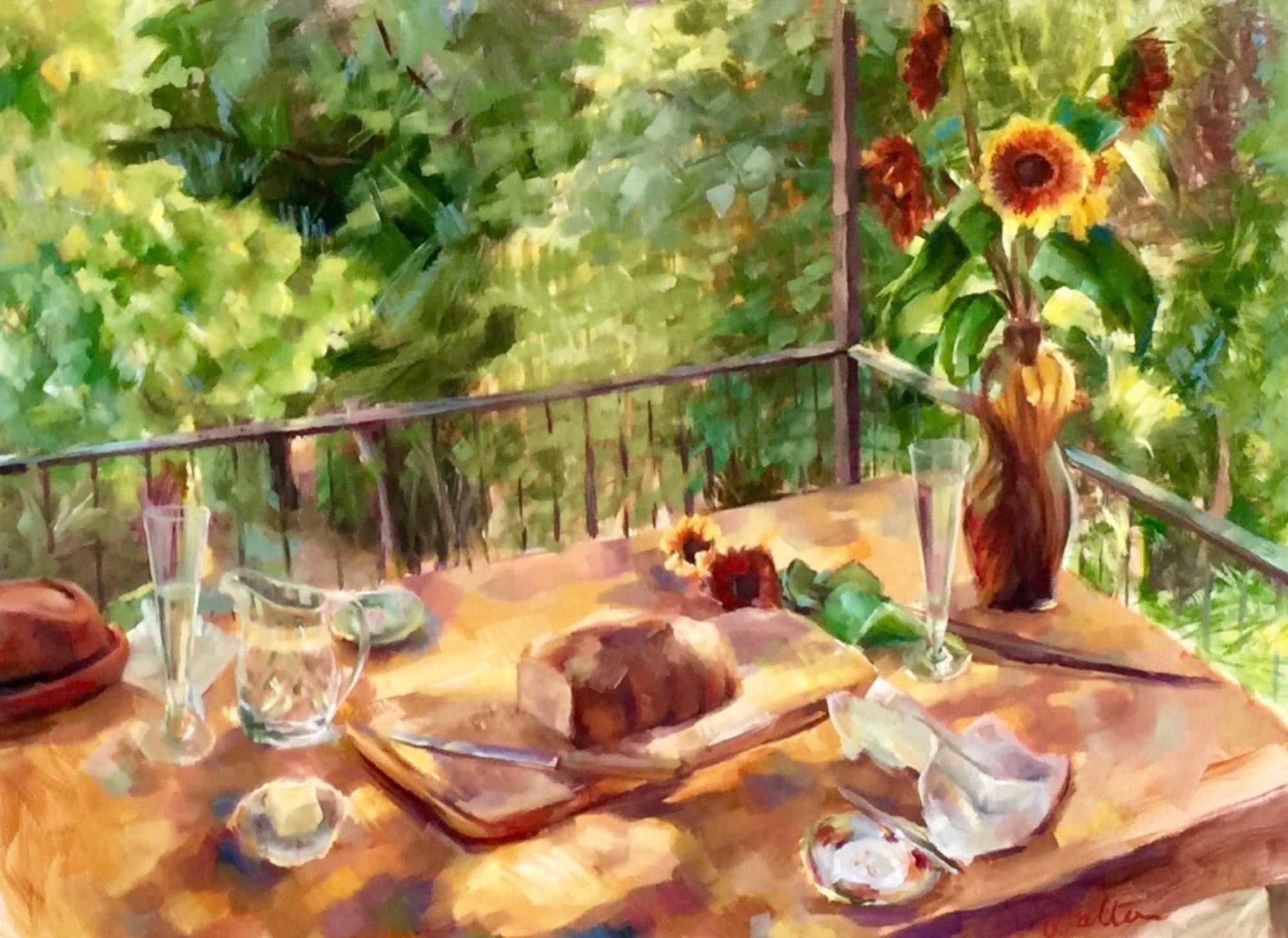 Oil painted still life of sunflowers and a lunch scene in the Australian bush, painted by Australian artist, Leonie Walton. Painted from life.