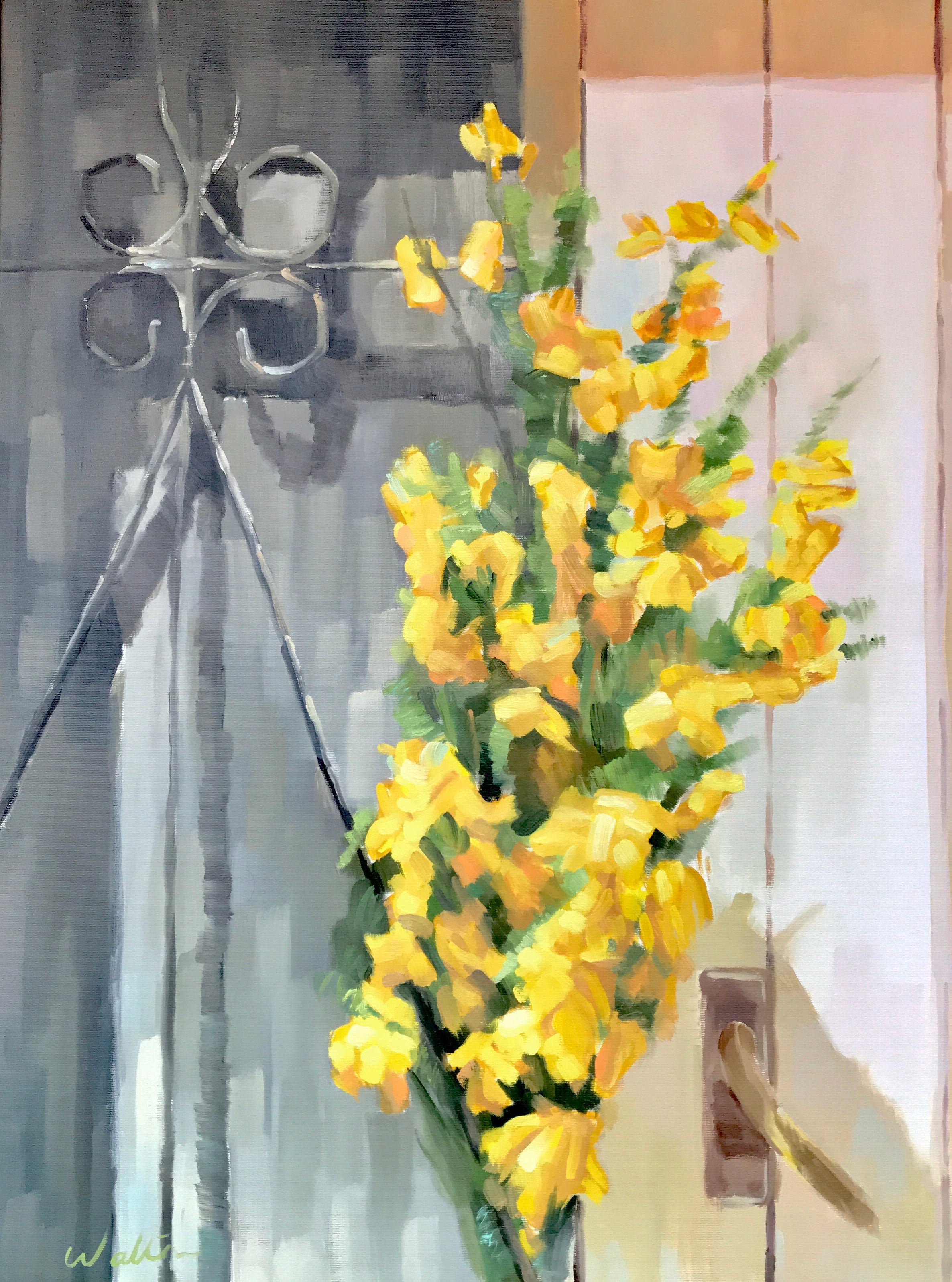 Oil painting of yellow wildflowers bunched in an ornate door as a local Spanish custom as a sign of affection on May first. Painted from life by Australian artist, Leonie Walton for her solo exhibition in Santiago de Compostela, Spain