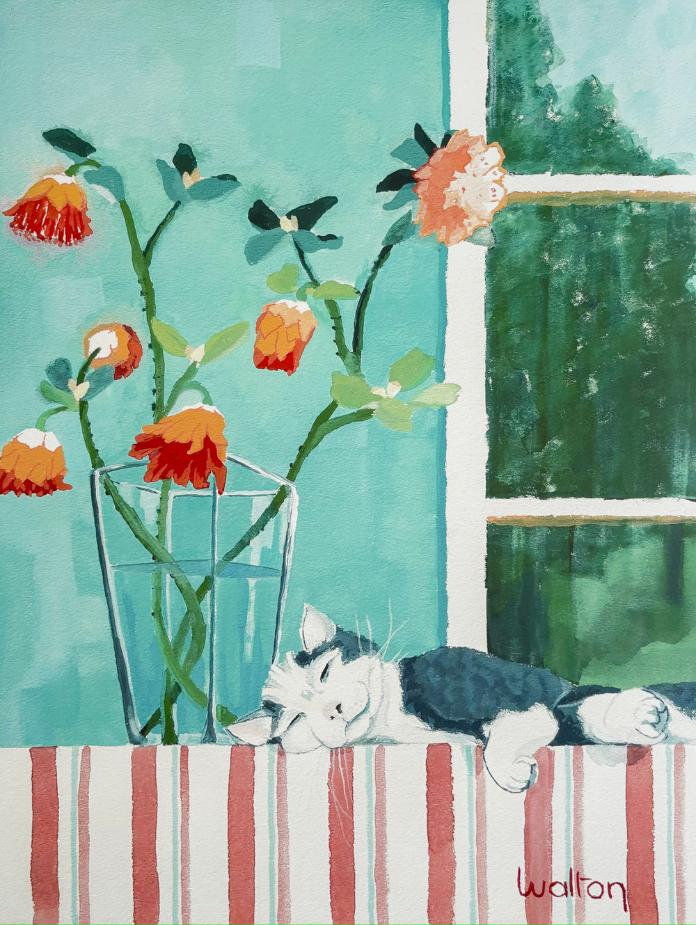 Limited edition print of original gouache painting by Australian artist, Leonie Walton, of a cute black & white cat snuggled next to a vase with wildflowers, Murchison Rose of Western Australia.