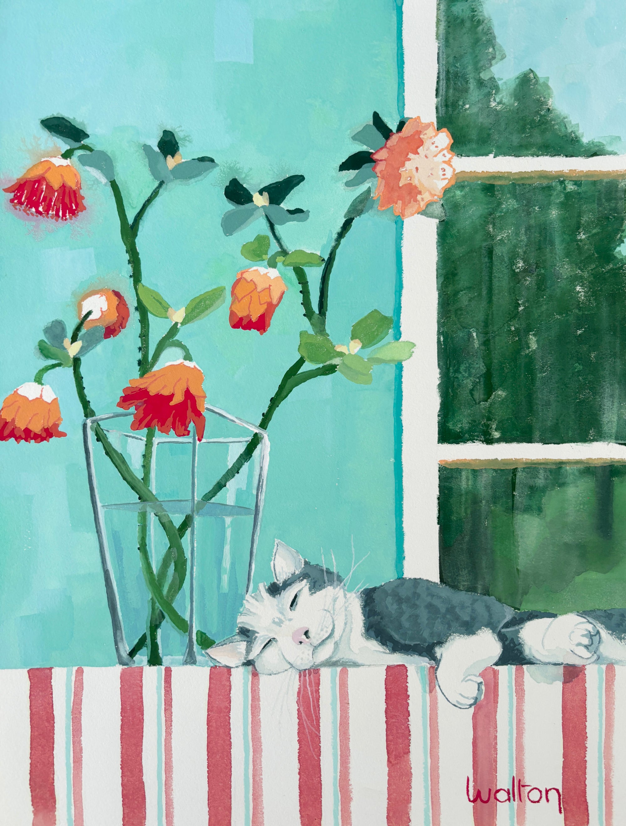 Original gouache painting by Australian artist, Leonie Walton, of a cute black & white cat snuggled next to a vase with wildflowers, Murchison Rose of Western Australia.