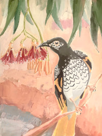 Oil painting of the endangered Regent Honeyeater with pink mistletoe on oil archival paper.  An Australian native bird, the Regent Honeyeater has striking markings with contrasting yellow and black plumage. 