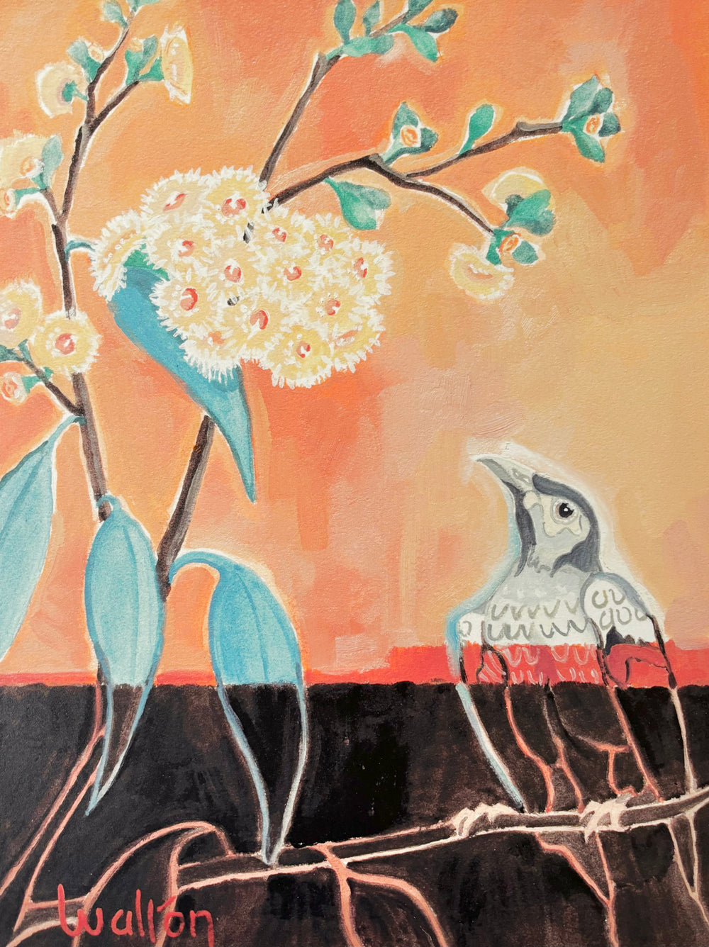 Limited edition print of an original oil painting of the endangered Regent honeyeater in a white flowering gum, by Australian artist, Leonie Walton