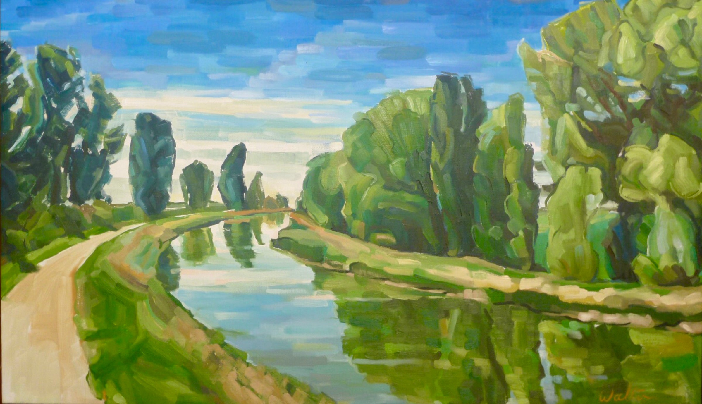 Oil painting of an irrigation canal on the Camino de Santiago pilgrimage, painted by Australian artist, Leonie Walton for her solo exhibition in Santiago de Compostela, Spain.