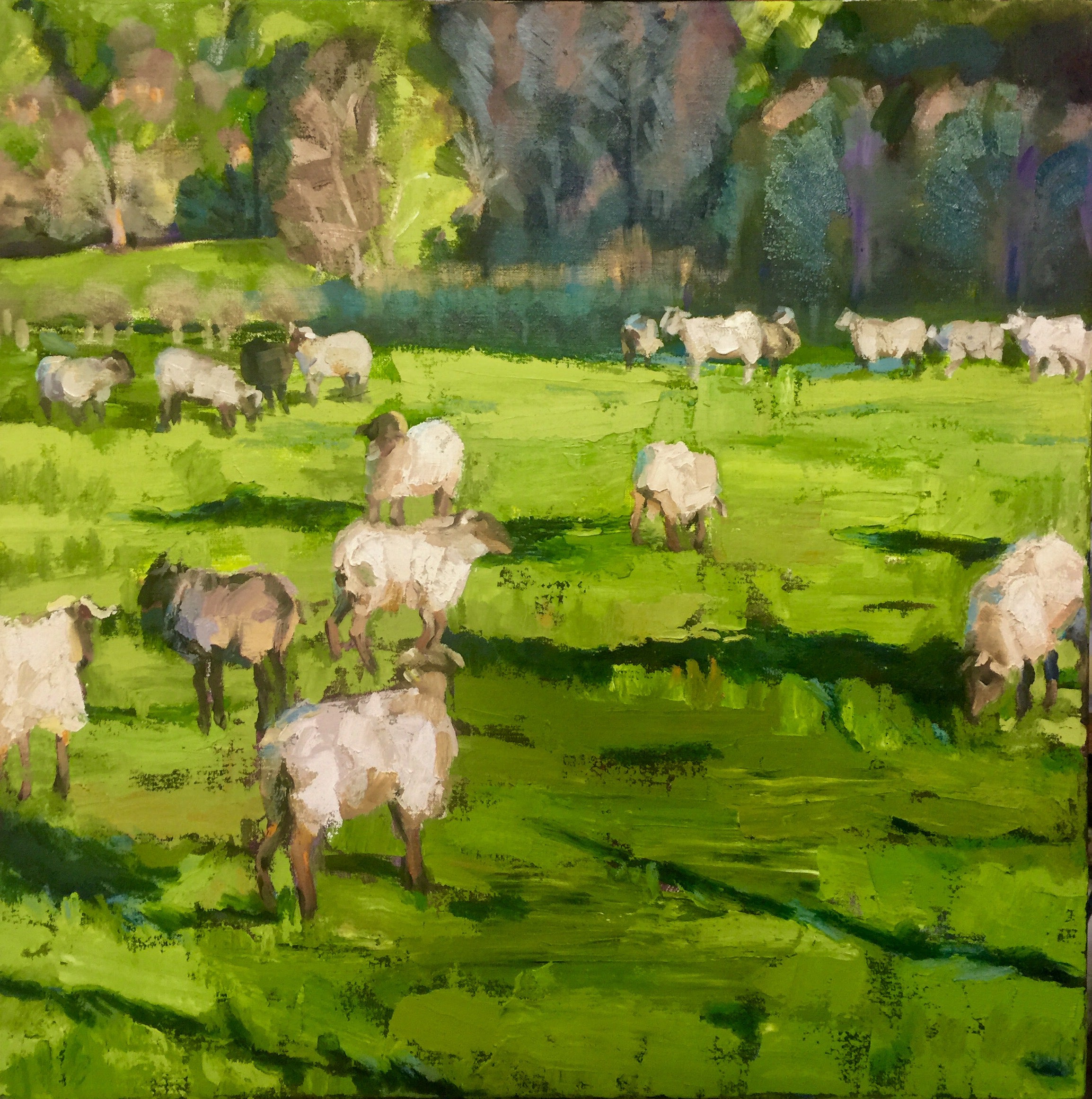 Oil painted landscape of grazing sheep on the Camino de Santiago pilgrimage. Painted by Australian artist, Leonie Walton for her solo exhibition in Santiago de Compostela, Spain